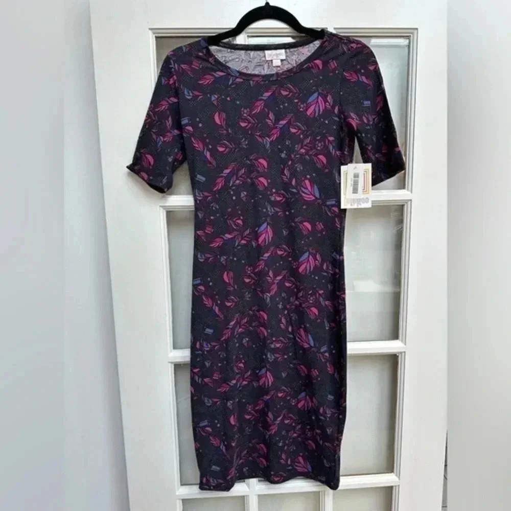 LuLaRoe Black Pink Feather Print Boho Julia Fitted Sheath Midi Dress Size XXS
